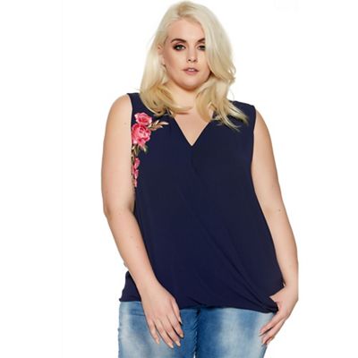Curve navy and pink crepe embroidered top
